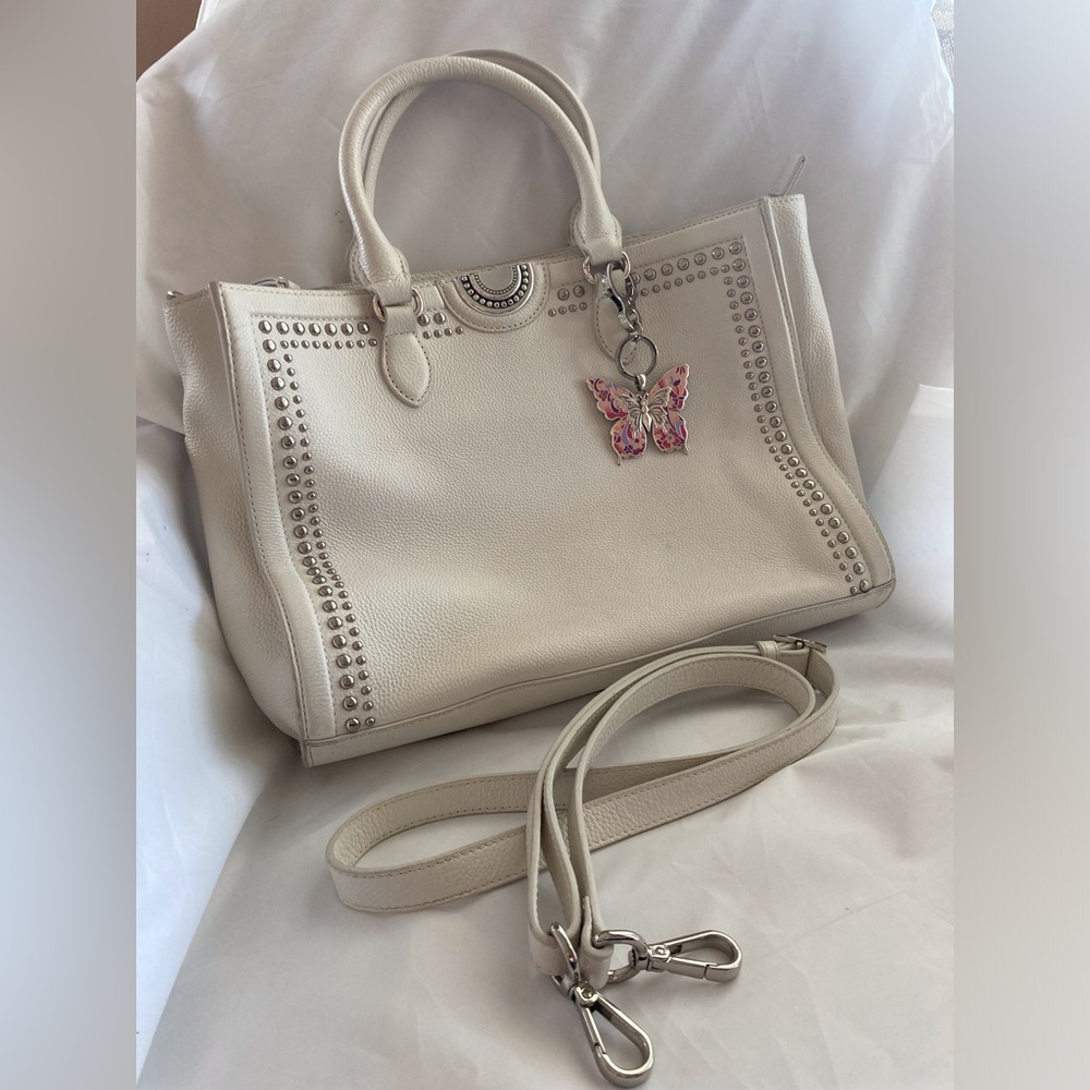 BRIGHTON JAXON TOTE/ PRETTY TOUGH COLLECTION WHITE LEATHER STUDS+BUTTERFLY CHARM